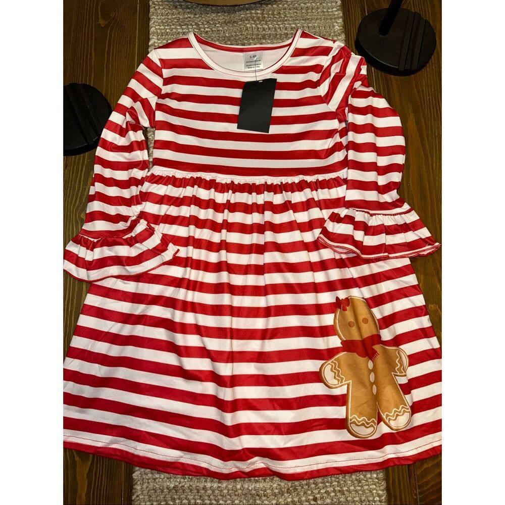 Girls Holiday Dress Gingerbread Man Bows Ruffles red & White Stripe Size 5 6 bou